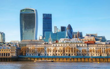 Financial district of London city on a sunny day